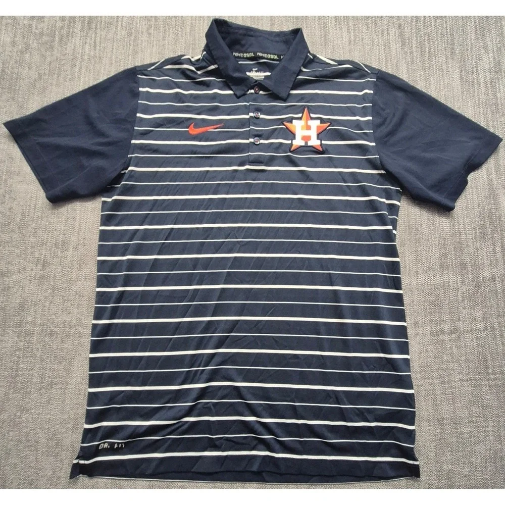 Houston Astros Nike Dri-Fit men's navy blue striped polo SM Logo MLB game day